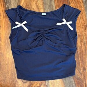 SHEIN Navy Crop Top with White Bow Details